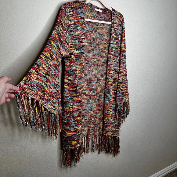 easel Sweaters - Easel Multi Color Metallic Knit Fringe Bell Sleeve Open Front Cardigan M/L Boho